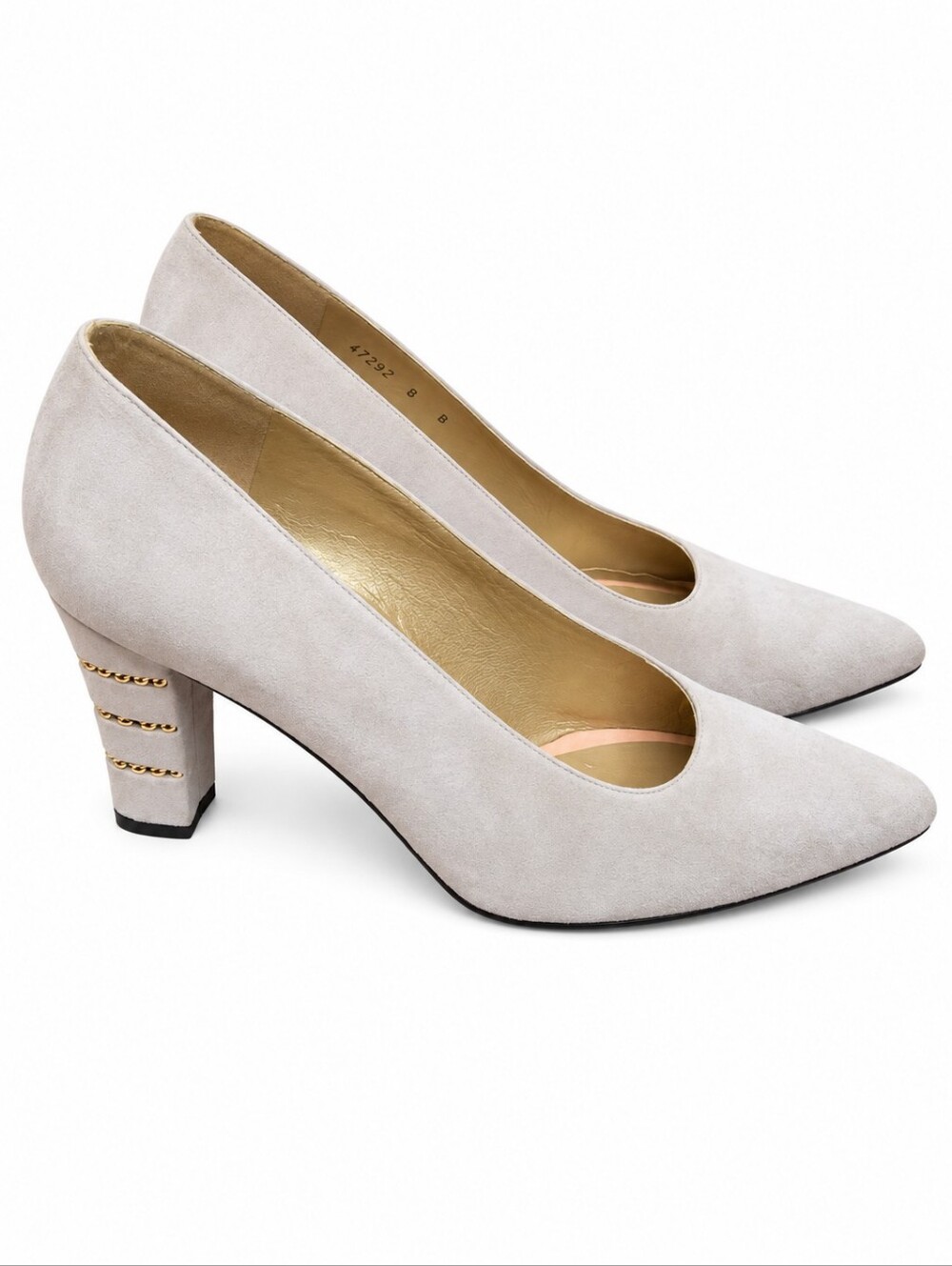 Stuart Weitzman Vintage Suede Pumps Size 8B Gold Chain Block Heel Pointed Toe
